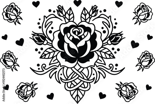 Tattoo flash ornamental rose centerpiece with knotwork and scattered rosebuds and hearts symmetrical close up black line art vector isolated