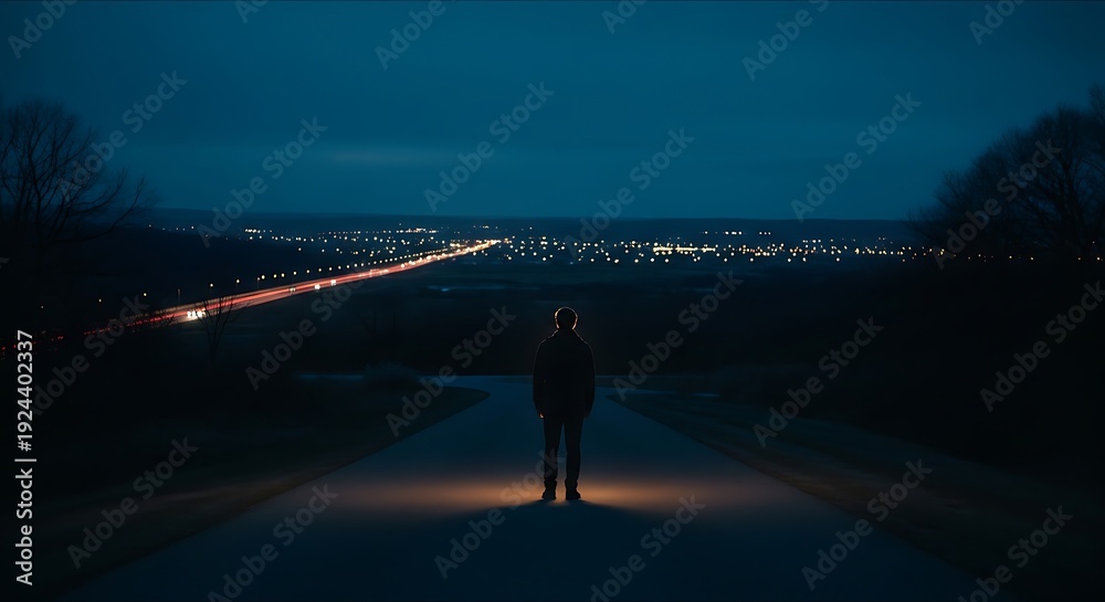 Fototapeta premium Solitary figure standing on a dark road at night with city lights in the distance.
