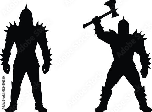 Spiked armor warrior silhouettes isolated on white background, fantasy fighters with battle axe in powerful aggressive combat poses