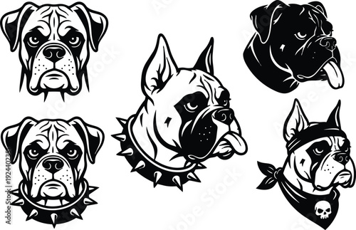 Tattoo flash boxer dog head set with spiked collar bandana snarling tongue close up bold black and white vector logo