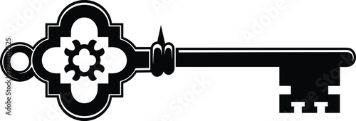 Vintage ornate key silhouette vector illustration, antique skeleton key icon isolated on white background for security design