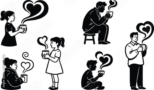 Flat vector silhouette set of people holding coffee mugs with heart steam varied poses and warm cozy mood black minimal