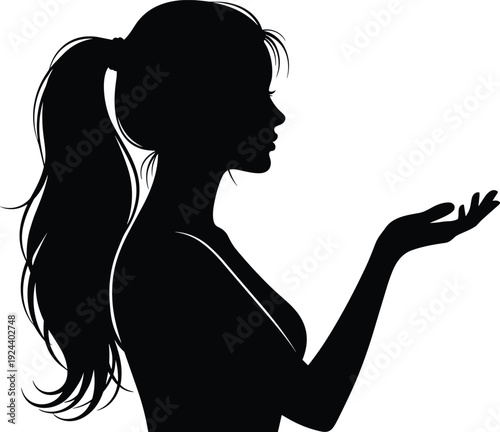 Black silhouette profile of a beautiful woman with a ponytail, holding her hand out with an open palm, isolated vector.