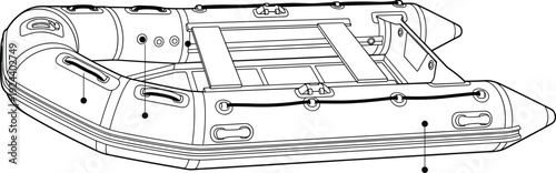 Inflatable boat line art vector illustration, detailed rubber dinghy raft isolated on white background for marine design