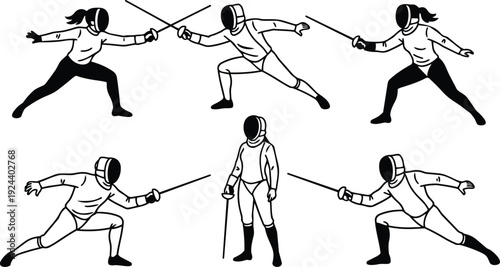 Line art vector series showing six dynamic fencing poses with male and female fencers lunging and parrying in studio lighting