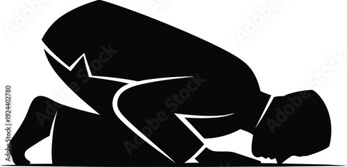 A muslim man performing the prostration prayer position in a simple black silhouette