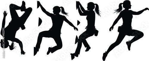 Collection of black silhouettes featuring magical unicorns, shooting stars, rainbows, rain clouds, moon, sun, isolated on white background, vector.