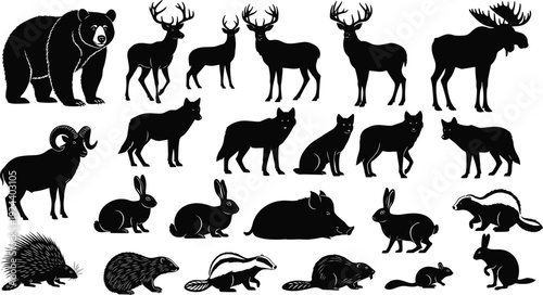 Collection of black silhouettes of diverse wild forest animals including deer, wolf, bear, moose, rabbit, and badger, vector art.