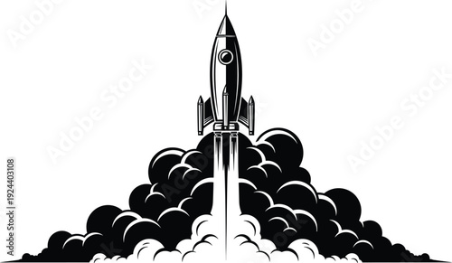 Rocket launch silhouette illustration, space shuttle blasting off with smoke clouds isolated on white background vector design