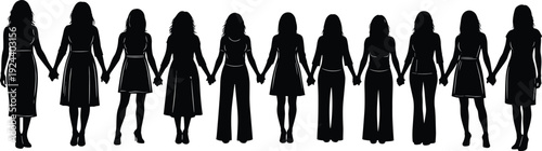 Collection of black silhouettes of diverse women holding hands in a long line, isolated on a white background, vector graphic.