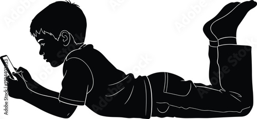 Child using smartphone silhouette, boy lying on floor with mobile phone isolated on white background vector illustration