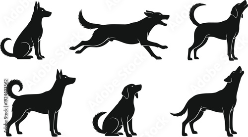 Set of black silhouettes featuring various ocean animals, coral reef elements, and marine life isolated on white background for design