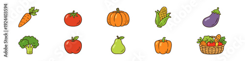 A set of colorful vector icons featuring fresh fruits and vegetables like carrot, tomato, pumpkin, broccoli, apple, and a full harvest basket.