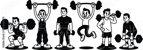 Vector gym scene flat design row of smiling men and boys lifting barbells dumbbells in various poses high energy dynamic
