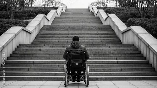 Person in a wheelchair facing a long flight of stairs outdoors, symbolizing accessibility barriers and challenges.