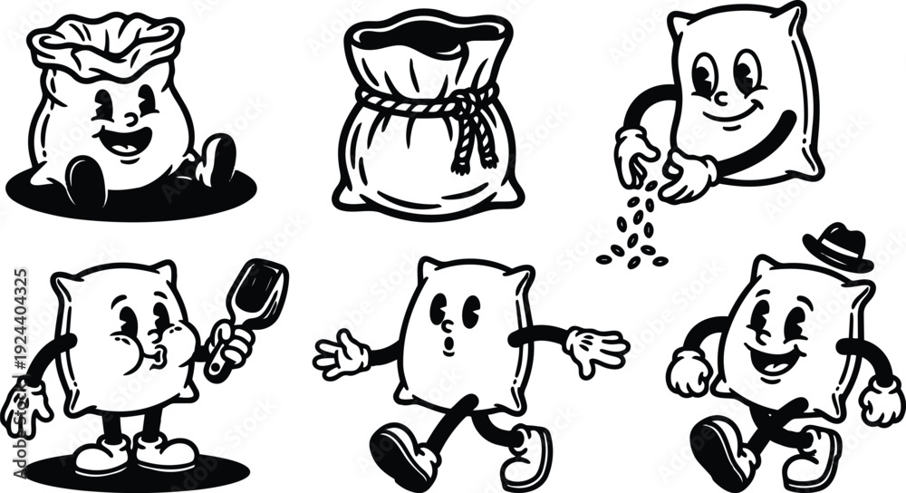 Fototapeta premium Vintage rubber hose style playful sack characters engaging in actions smiling walking sprinkling seeds holding scoop set retro black white