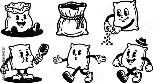 Vintage rubber hose style playful sack characters engaging in actions smiling walking sprinkling seeds holding scoop set retro black white