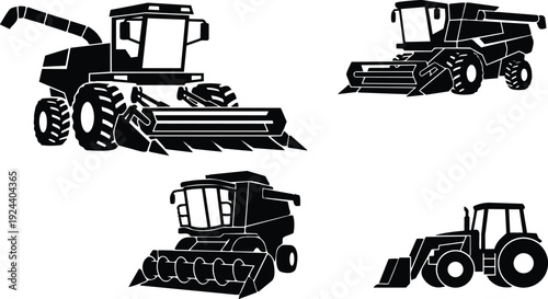 Flat design aerial view combine harvester and tractor silhouettes close up farming machinery front angle black vector isolated white background