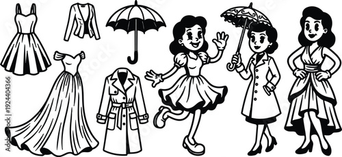 Retro 1950s cartoon vector showing three smiling women in vintage dresses coats and umbrellas playful studio line art silhouette illustration