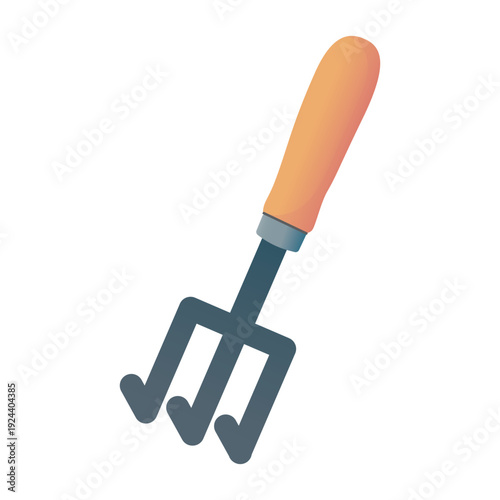 A simple hand cultivator with a wooden handle and three curved metal tines