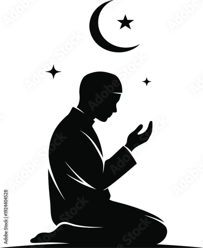 A muslim man praying under the crescent moon and stars at night in a peaceful and serene atmosphere of devotion and spirituality