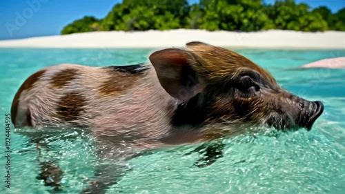 Wild, swimming piglet on Big Majors Cay in Bahamas