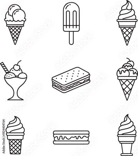 Grid layout of simple outline icons depicting ice cream cones, sundaes, popsicles, and sandwich cookies