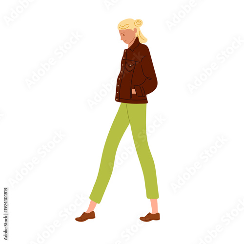 Romantic mood. Young beautiful girl walking street in everyday clothes with detached smile looking down. Vector illustration.