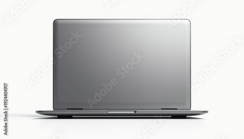 A rear view of a silver metallic laptop with an open lid, showing the sleek design and hinges, isolated on a white background.
