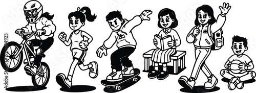 Line art vector of diverse children doing activities bike stunt running skateboarding reading walking with backpack and playing with ball