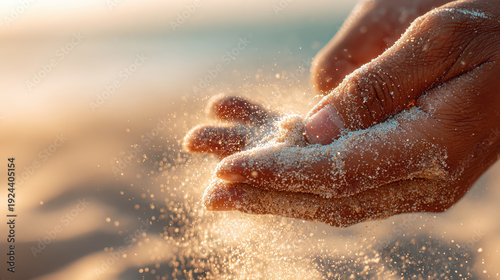 Fototapeta premium Close up of a hand with sand falling through fingers on a sunny beach for summer vacation concepts