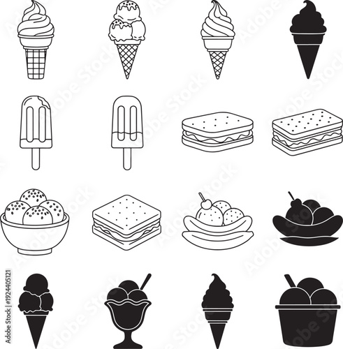 Set of black and white line art icons for various desserts and snacks, perfect for food blogs and creative projects.