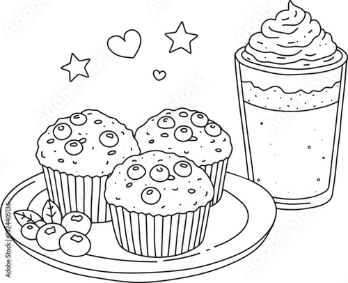 blueberry muffins with whipped cream drink coloring page baked goods line art