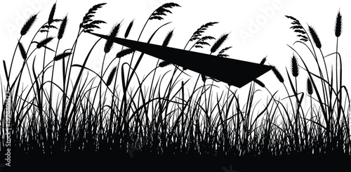 Hunter rifle silhouette in tall grass, hunting scene with wild field plants isolated on white background vector illustration
