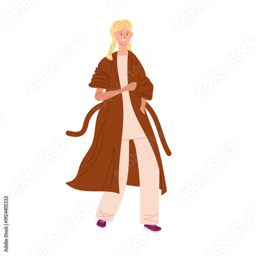 Fashion girl with white braids in light brown trench coat walking spring street. Vector illustration in trendy flat style.