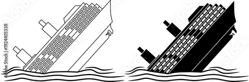 vector illustration of sinking boat ship tilted in ocean waves, line art and silhouette, disaster concept, maritime accident icon isolated.icon set.