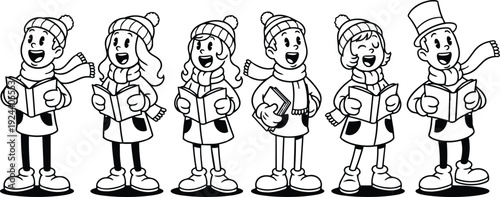 Vintage cartoon line art close up group of six children singing christmas carols wearing winter coats hats and scarves joyfully