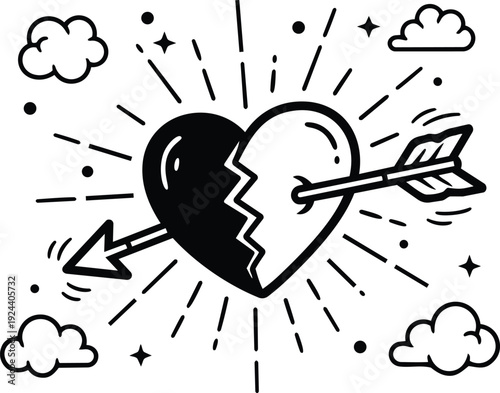 Tattoo flash broken heart pierced by arrow close up line art vector with radial burst valentines day bold outline playful