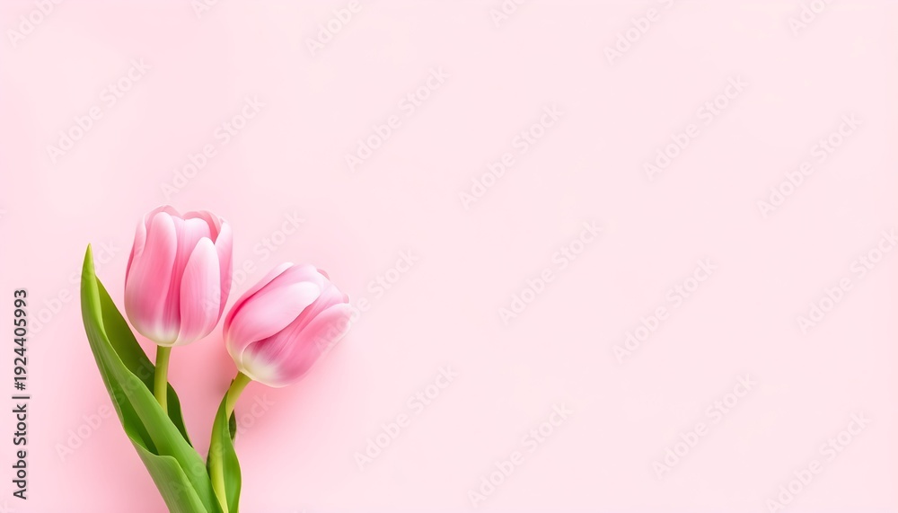 Obraz premium Two pink tulips with green leaves on a pink background viewed from above