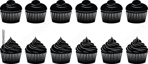 Cupcake silhouettes collection, sweet bakery dessert icons with frosting isolated on white background vector illustration set