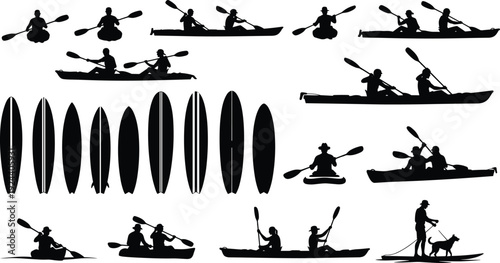 Kayaking and canoeing silhouettes set, paddlers with surfboards isolated on white background outdoor water sports vector illustration