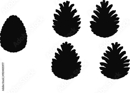 Pine cone silhouettes set, black forest nature botanical elements isolated on white background vector illustration collection