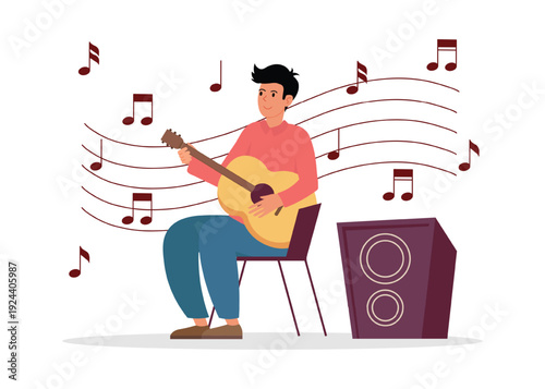Guitarist on stage. Young man sits on chair and plays guitar. Around musical notes signs. Vector illustration.