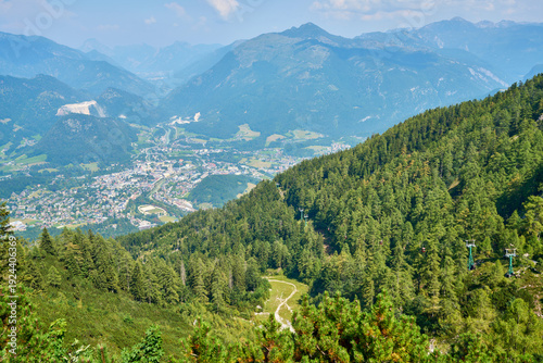 Scenic panoramic view of Bad Ischl seen from the summit of Mount Katrin in the Austrian Alps.
