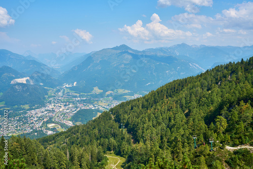 Scenic panoramic view of Bad Ischl seen from the summit of Mount Katrin in the Austrian Alps.
