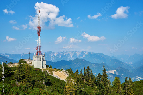 Telecommunication tower on the summit of Mount Katrin in the Salzkammergut region, Austria.