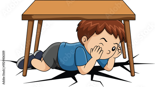 Earthquake safety cartoon illustration, boy taking cover under a table, drop cover, hold drill, disaster preparedness education concept.