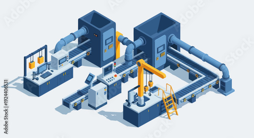 Automated Industrial Production Line with Robotic Arms and Conveyor Belts.