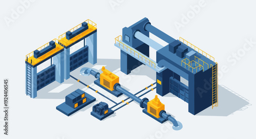 Automated Industrial Production Line with Robotic Arms and Conveyor System.