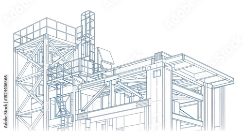 Detailed blueprint sketch of an industrial building structure.